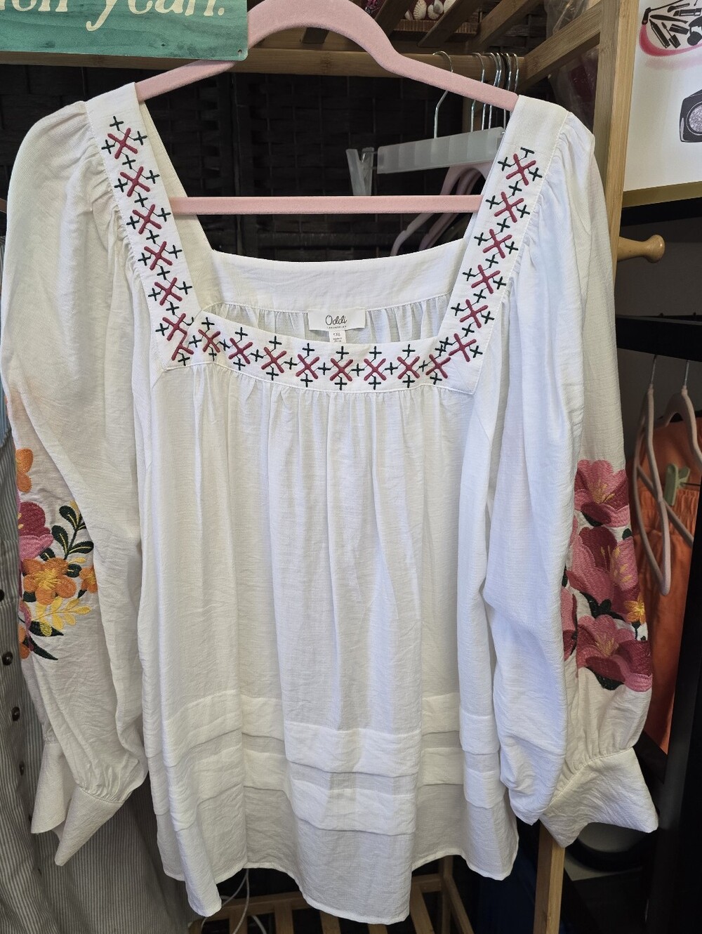 #0700 NWT 1XL ODDI White Square Neck Peasant Blouse 25.5"PTP 26.5"Long Floral